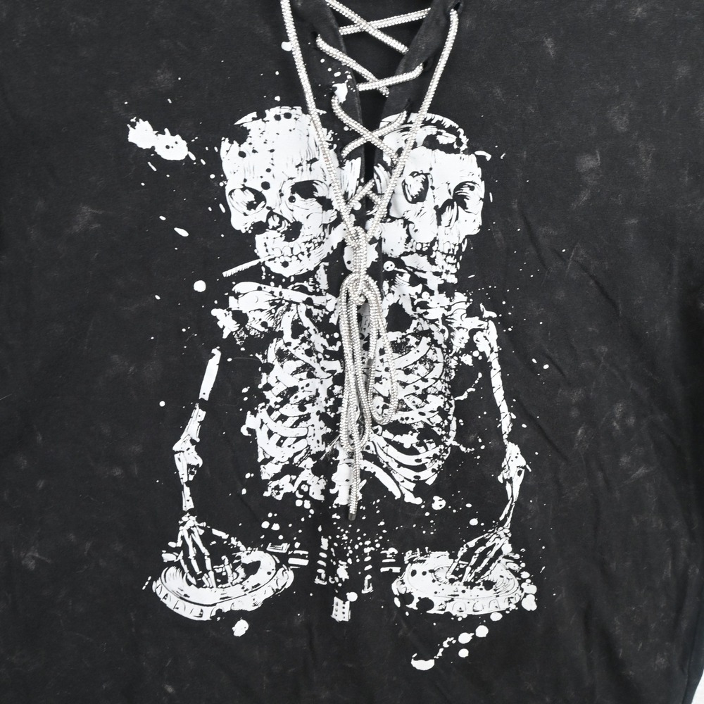 Forever 21 Graphic T-Shirt Womens Small Black Skeleton DJ Lace Up Rhinestone - Picture 2 of 6